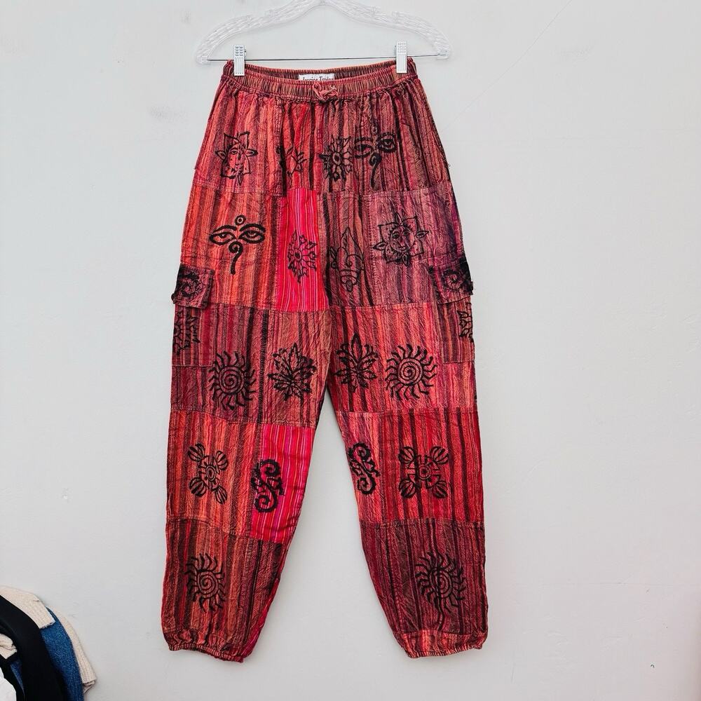 Jessica Taylor Red Cotton Patchwork Boho Harem Pants Women’s One Size